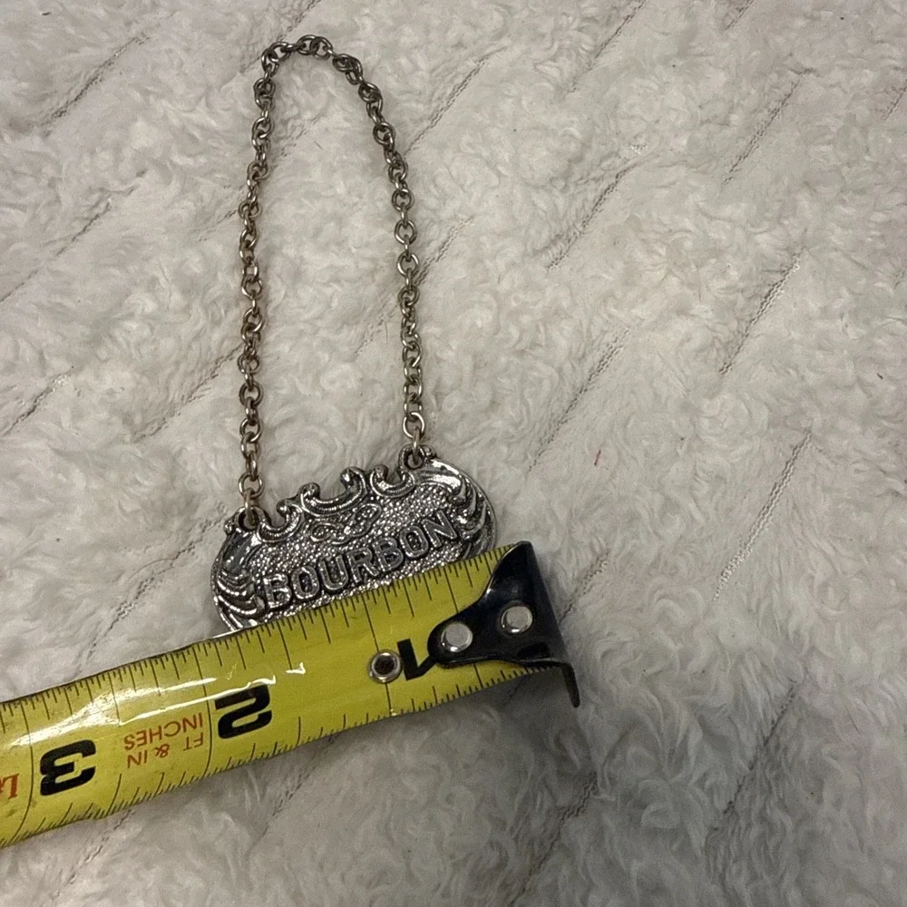 Vintage White Metal BOURBON / RYE Decanter Tag Label Silver Chain Reversible EUC